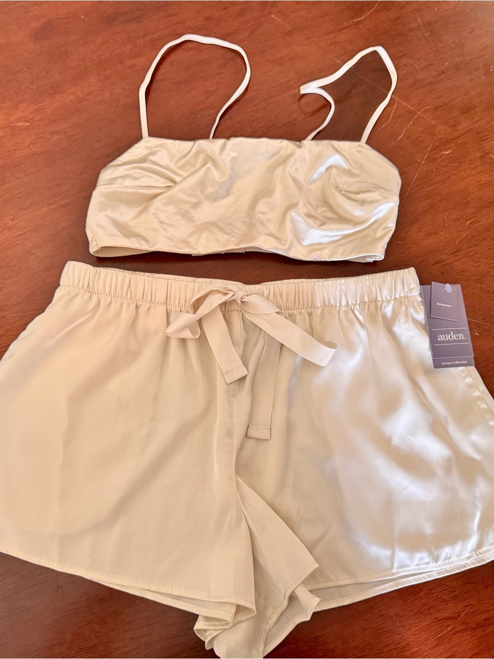 Auden Satin Bralette and Drawstring Shorts Set in Beige